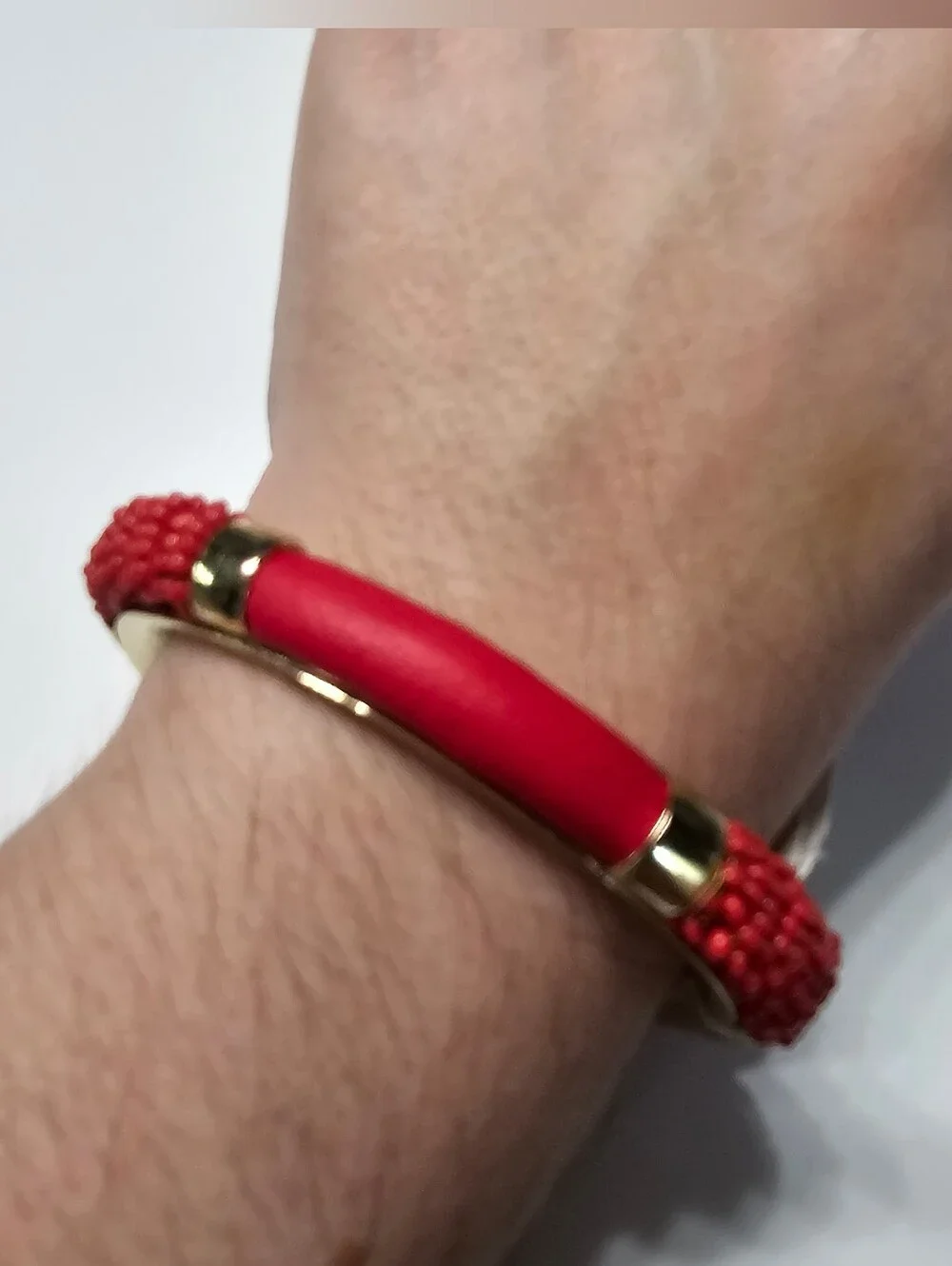 NWT Chunky Gold Red Leather & Beaded Statement Cuff Bracelet